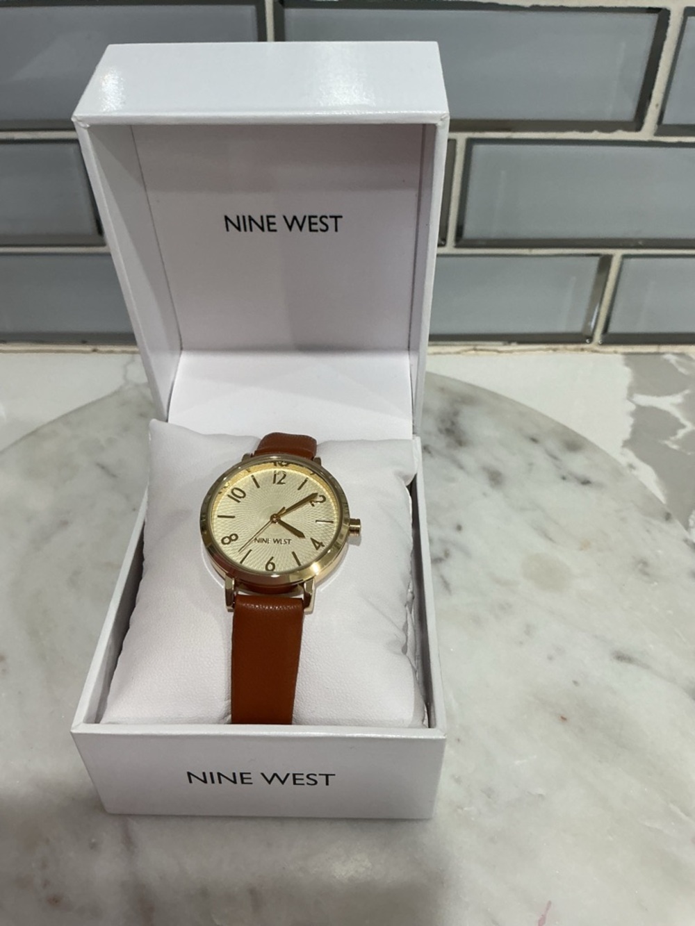 Nine West Gold-Tone Watch with Brown Leather Strap
